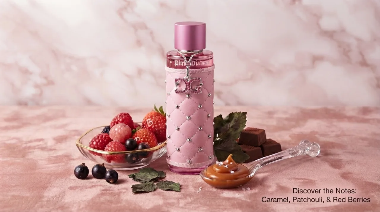 Chic N Glam Pink Diamond perfume bottle with caramel patchouli and fruit accords blog feature
