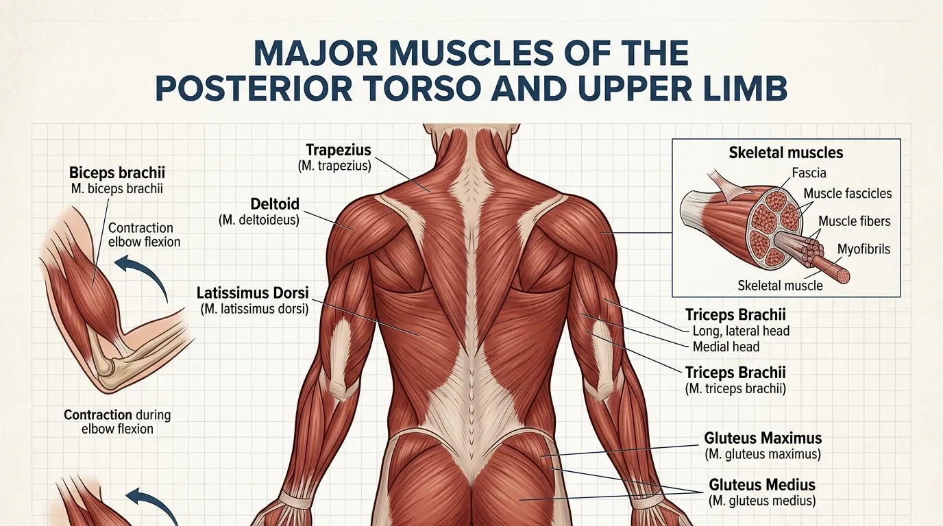 Major Muscles Involved in Muscle Growth Anatomical illustration of the major muscles of the posterior torso and upper limbs, including the trapezius, deltoids, latissimus dorsi, triceps, and gluteal muscles