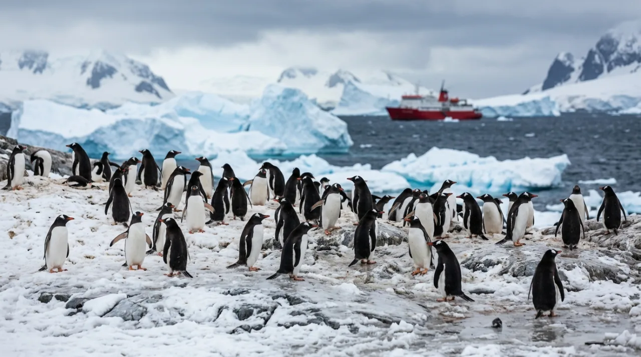 Gentoo penguins on the Antarctic Peninsula near an expedition ship