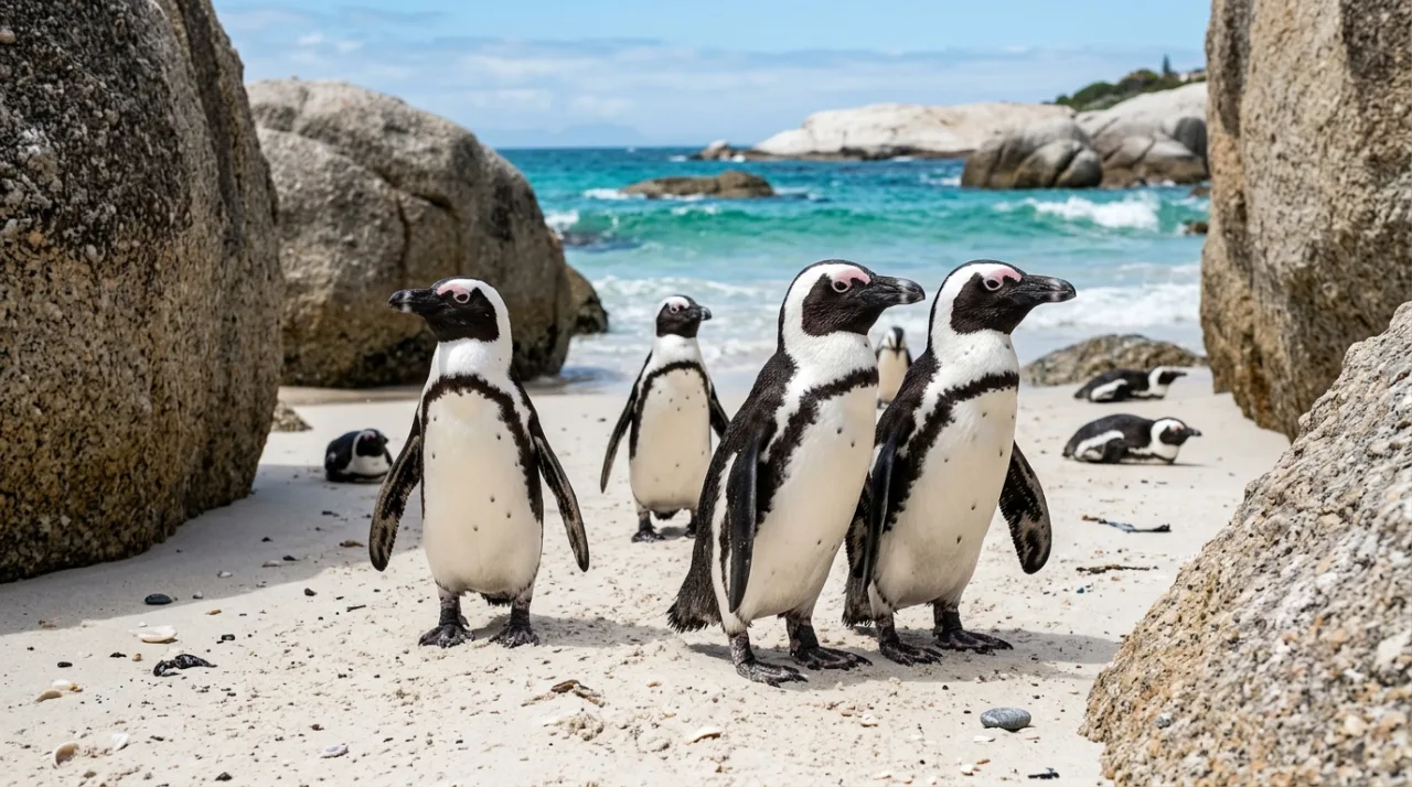 African penguins on the sand at Boulders Beach, Cape Town