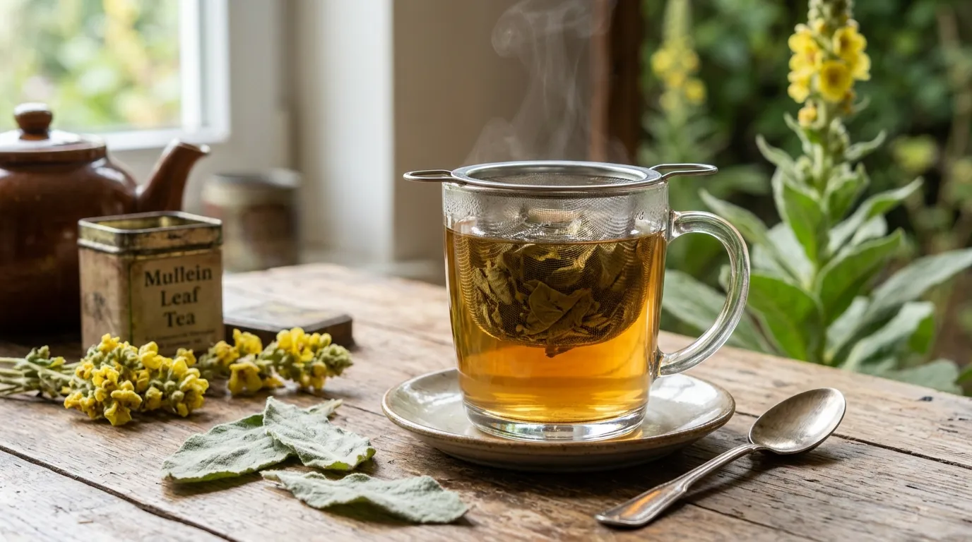 Cup of mullein tea beside dried mullein leaves and yellow flowers