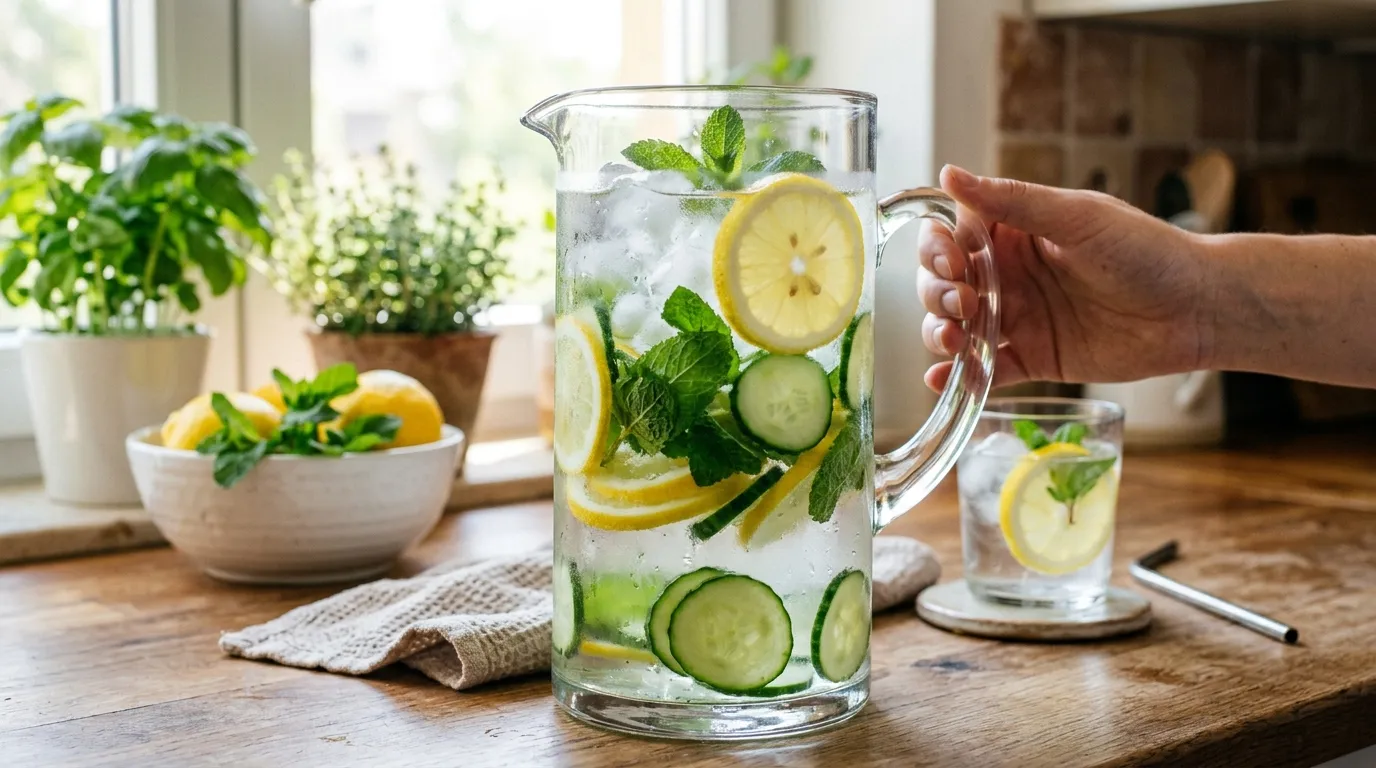 Glass pitcher of detox water with lemon, cucumber, and fresh mint