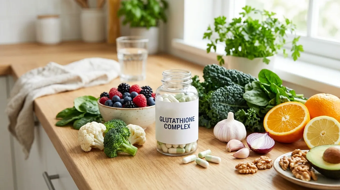 Glutathione benefits with antioxidant-rich foods and supplement capsules