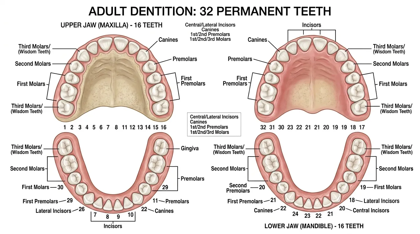 How many teeth do adults have diagram showing 32 permanent teeth