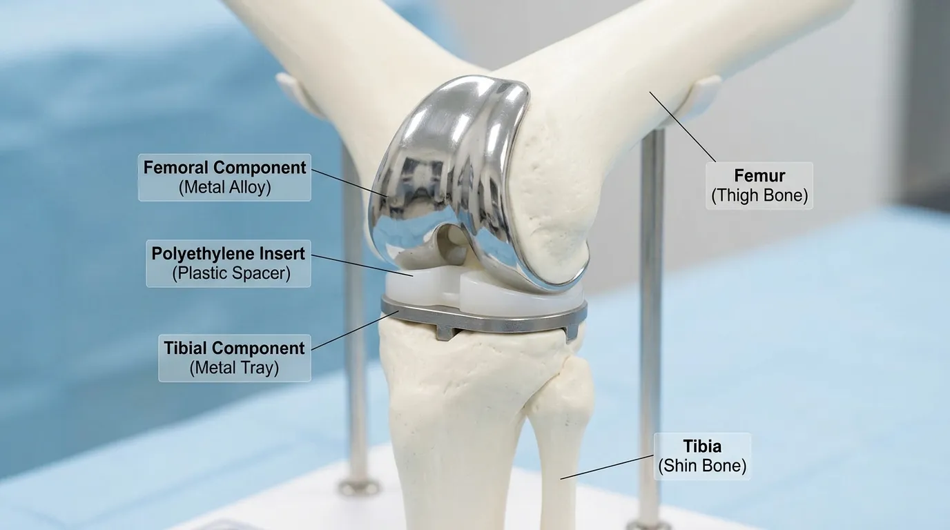 Knee replacement surgery showing metal and plastic knee implant components