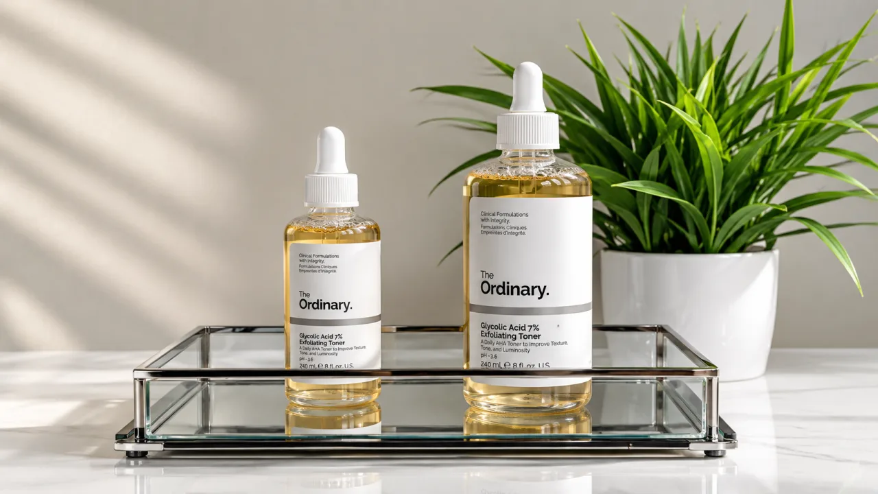 The Ordinary Glycolic Acid 7% Toning Solution bottle on skincare shelf